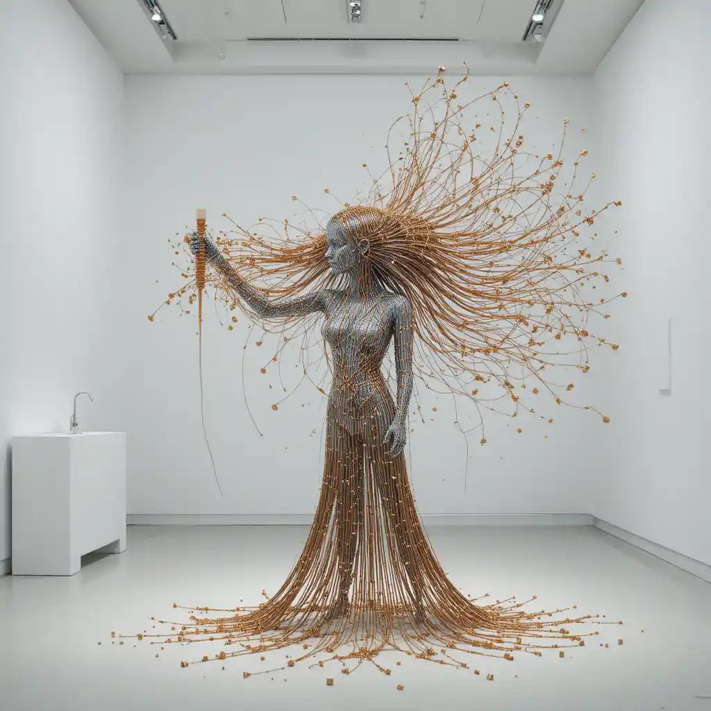 Scultura dinamica di una donna con capelli di filo di rame