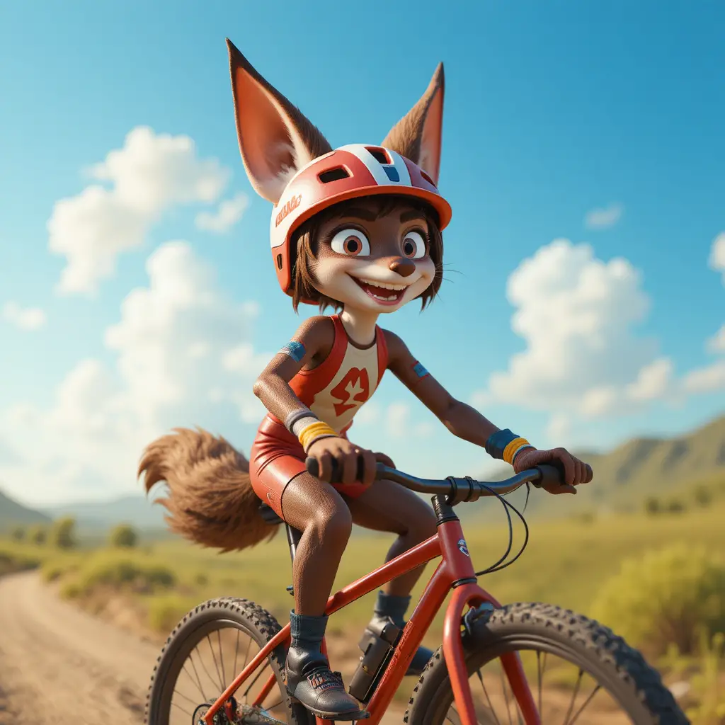 Volpe cartoon felice con casco che va in bicicletta BMX
