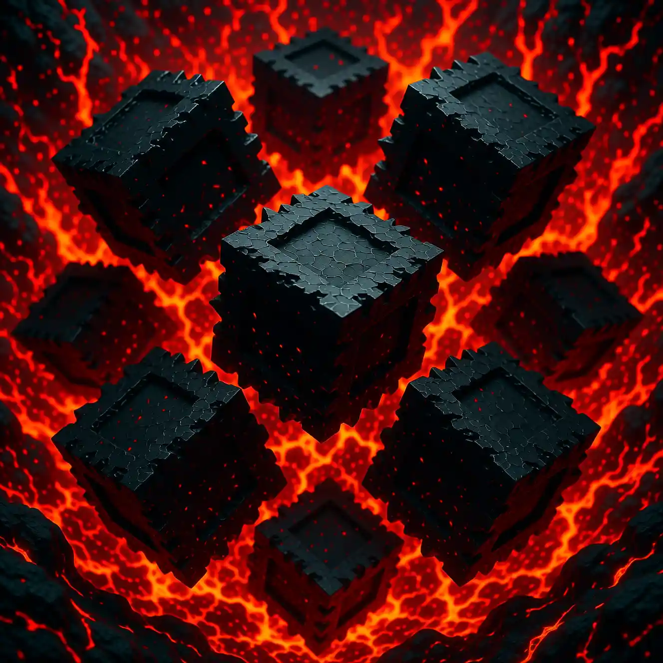 Cubos negros caóticos girando en un espacio rojo llameante