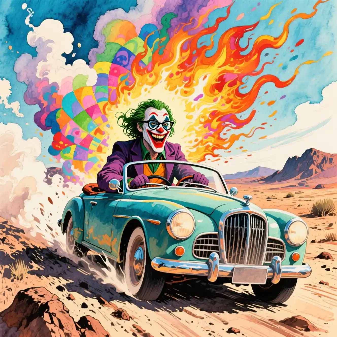 Clown surréaliste en aquarelle fonçant en voiture vintage à travers le désert