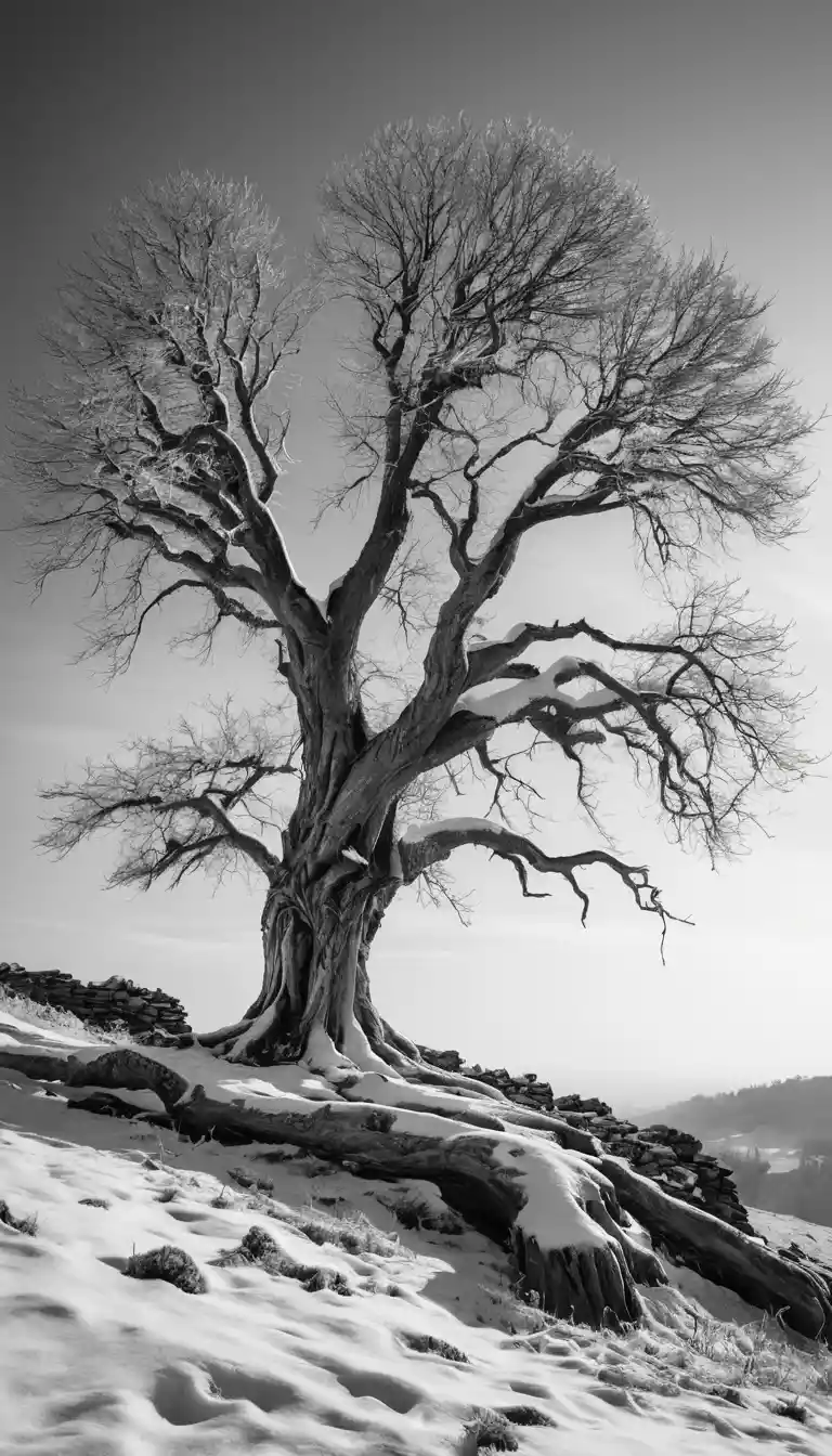 Ancien arbre d’hiver couronné de glaçons sur une colline enneigée