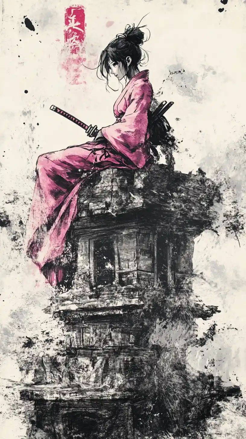 Young samurai woman on ancient temple ruins in ink painting