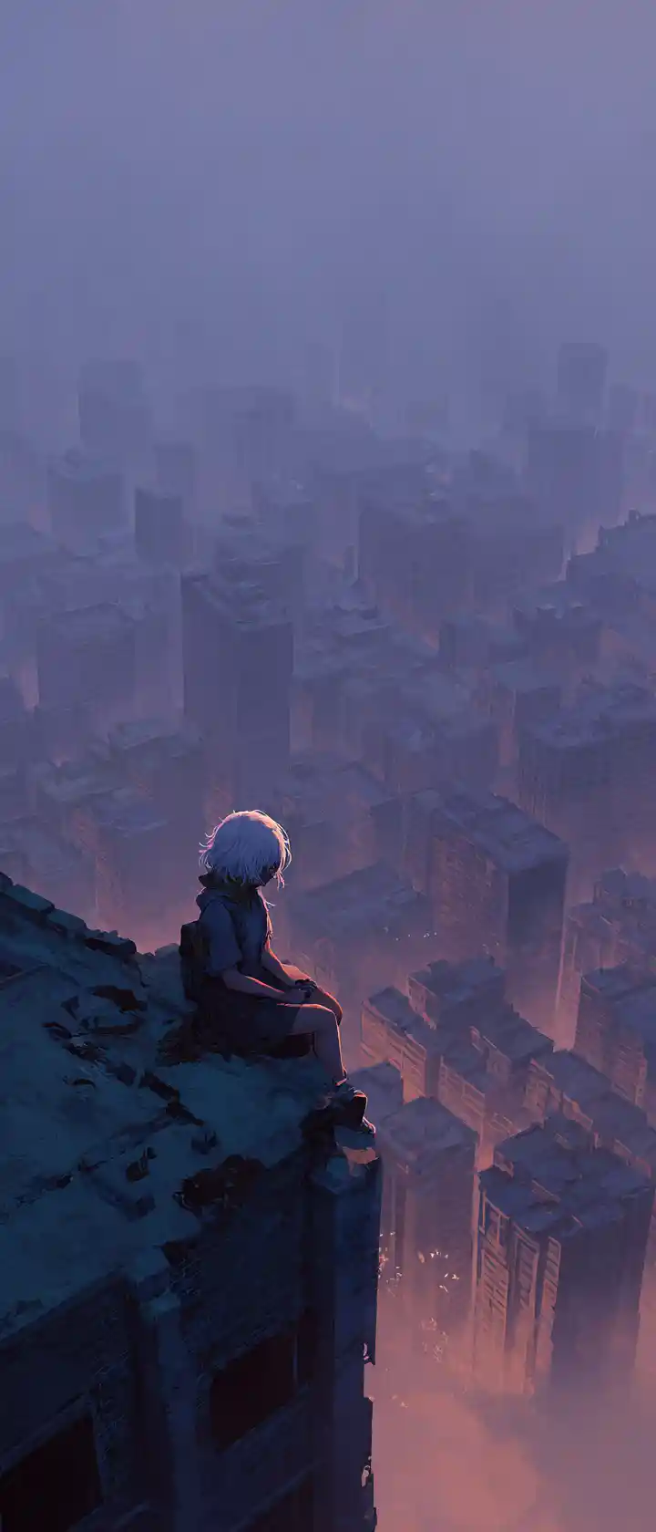 Woman on lonely rooftop above distant twilight city