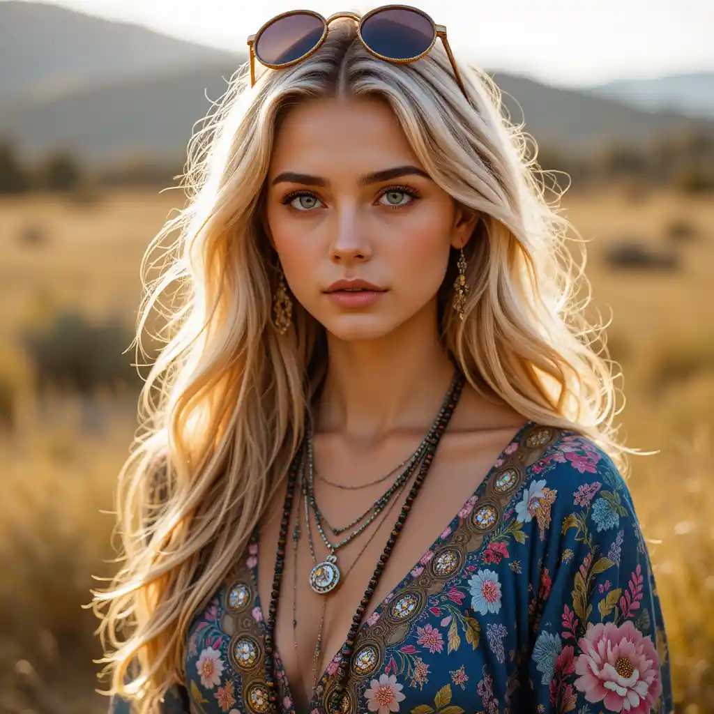 Bohemian girl in floral dress under warm golden sunlight