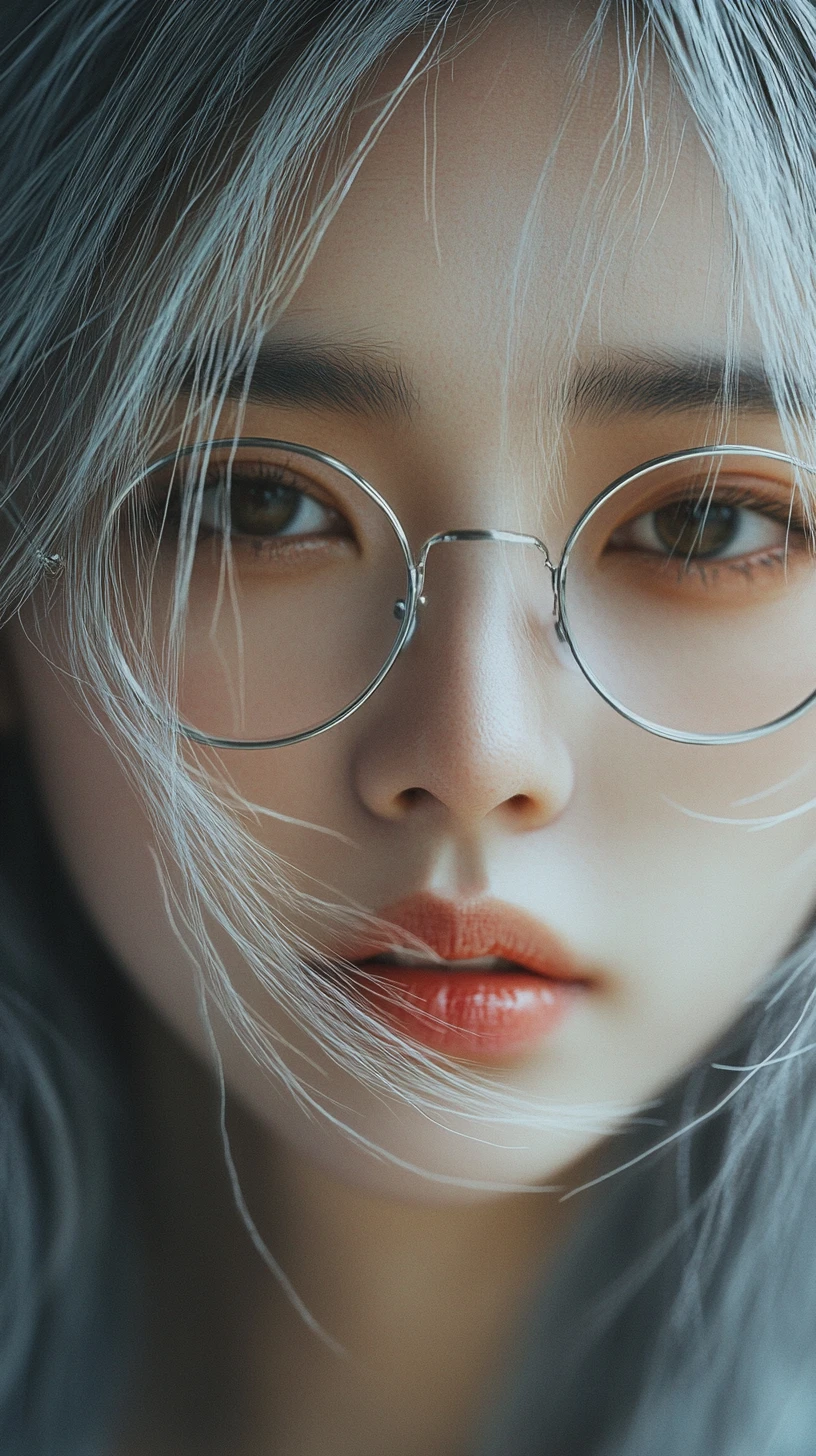 Anime-Mädchen Nahaufnahme mit silberner Brille und weißen Haaren