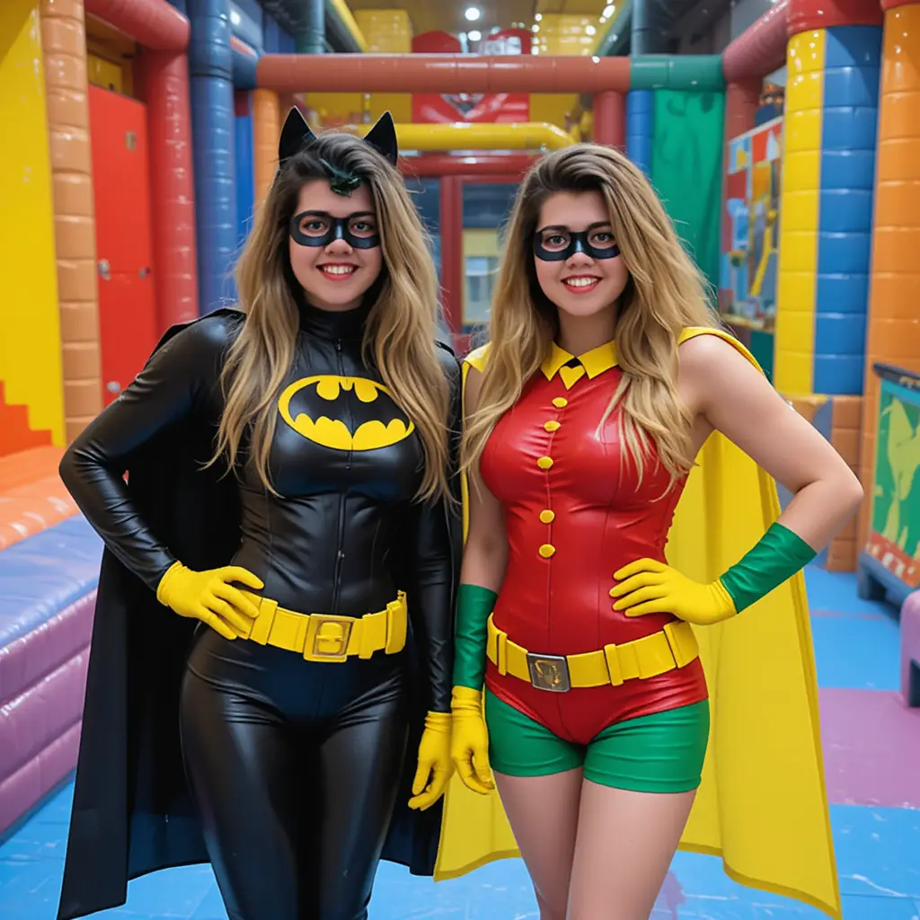 Two kids in superhero costumes in a colorful playroom