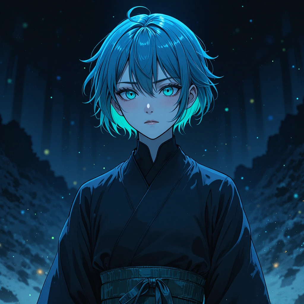 Melancholic anime boy standing under a soft night sky