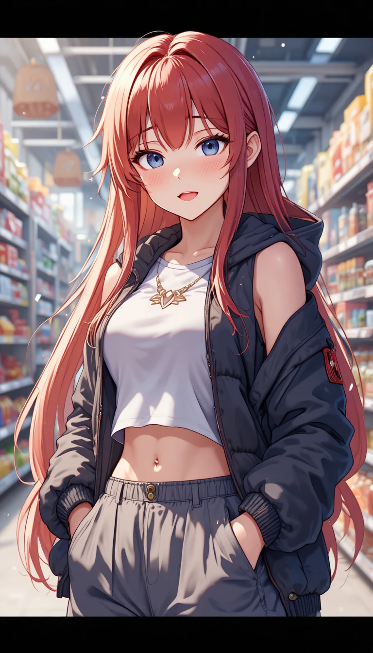 Anime girl in supermarket with casual sporty streetwear