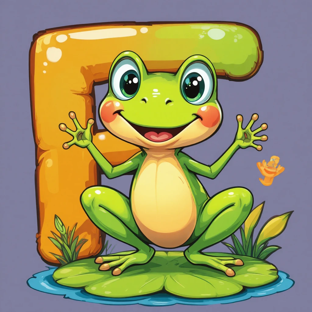 Cute green frog on lily pad with bold letter f