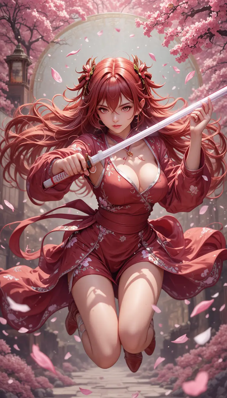 Anime sword girl leaping with katana and sakura petals