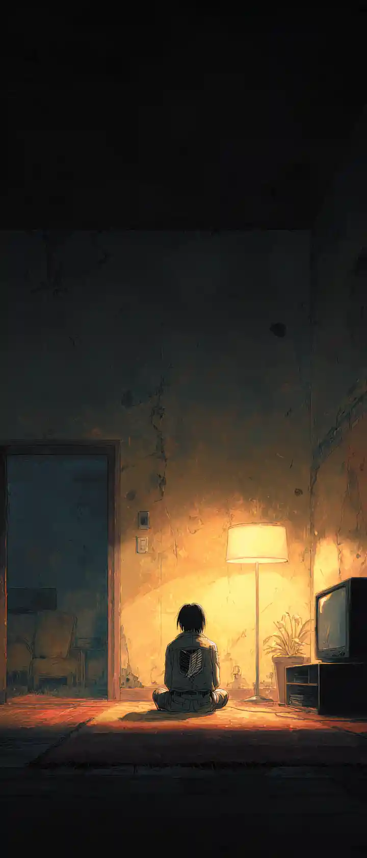 Einsamer Mann in einer dunklen Wohnung mit warmer Lampe