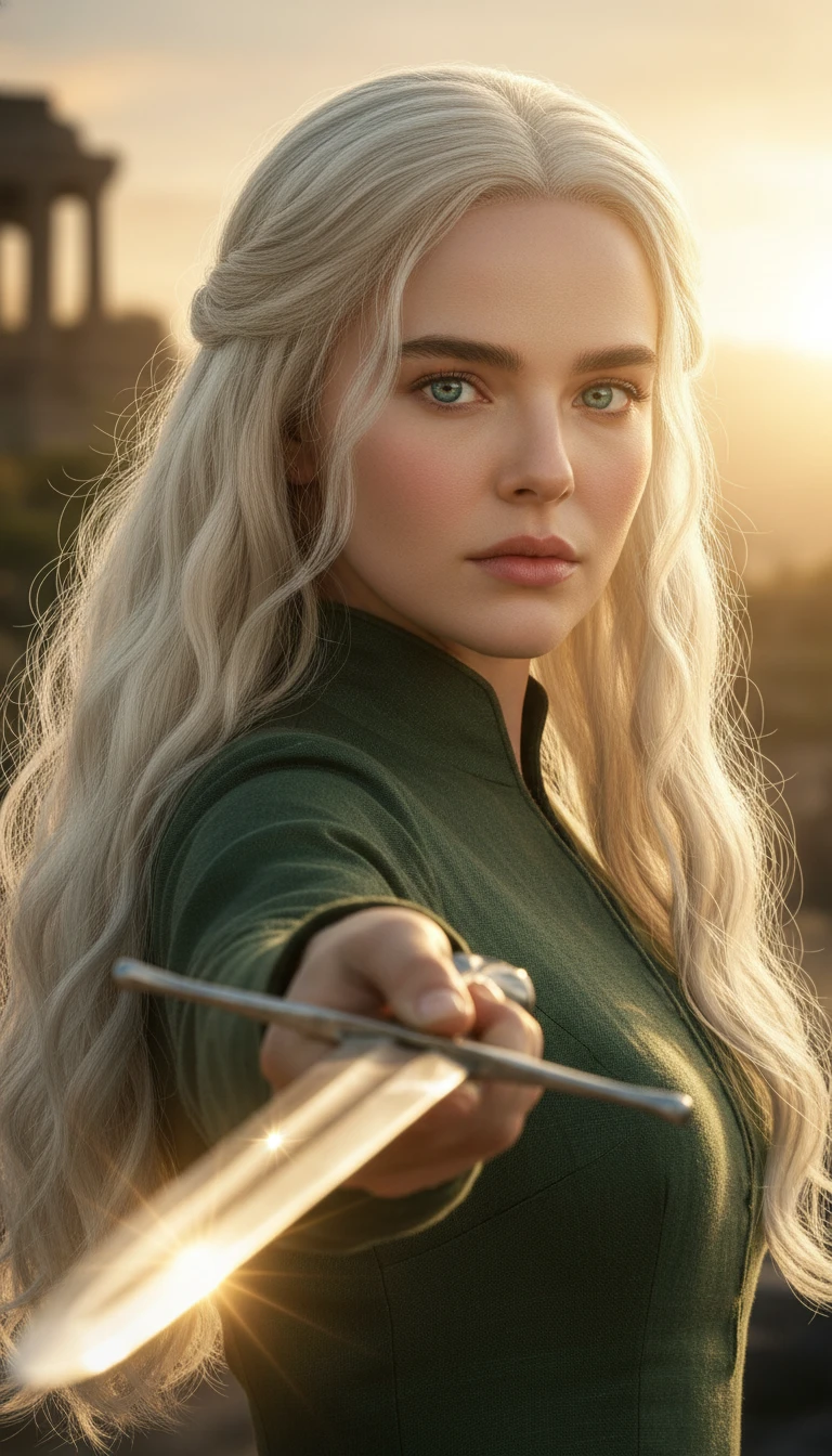 Cinematic close up of blonde woman holding a silver sword