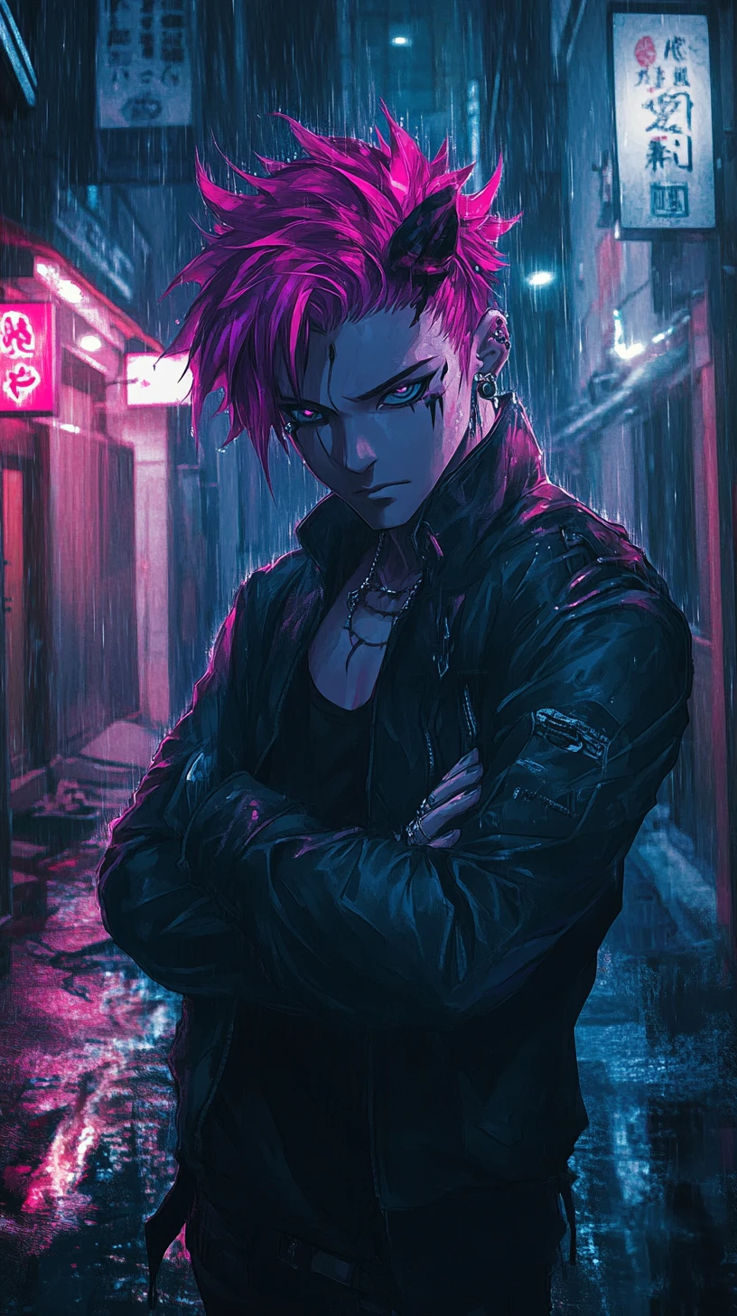 Rebellious anime man in neon lit rainy alley