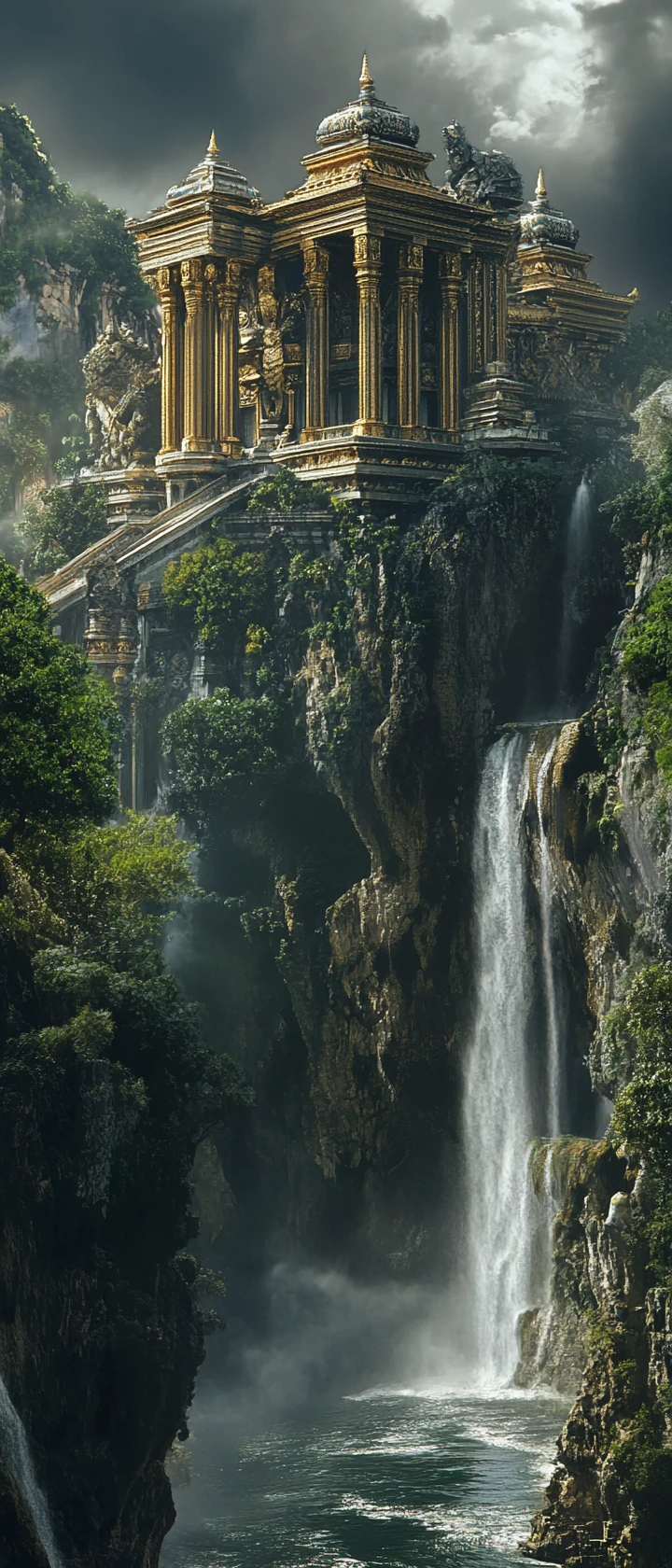 Clifftop Buddha temple above waterfall and stormy sea