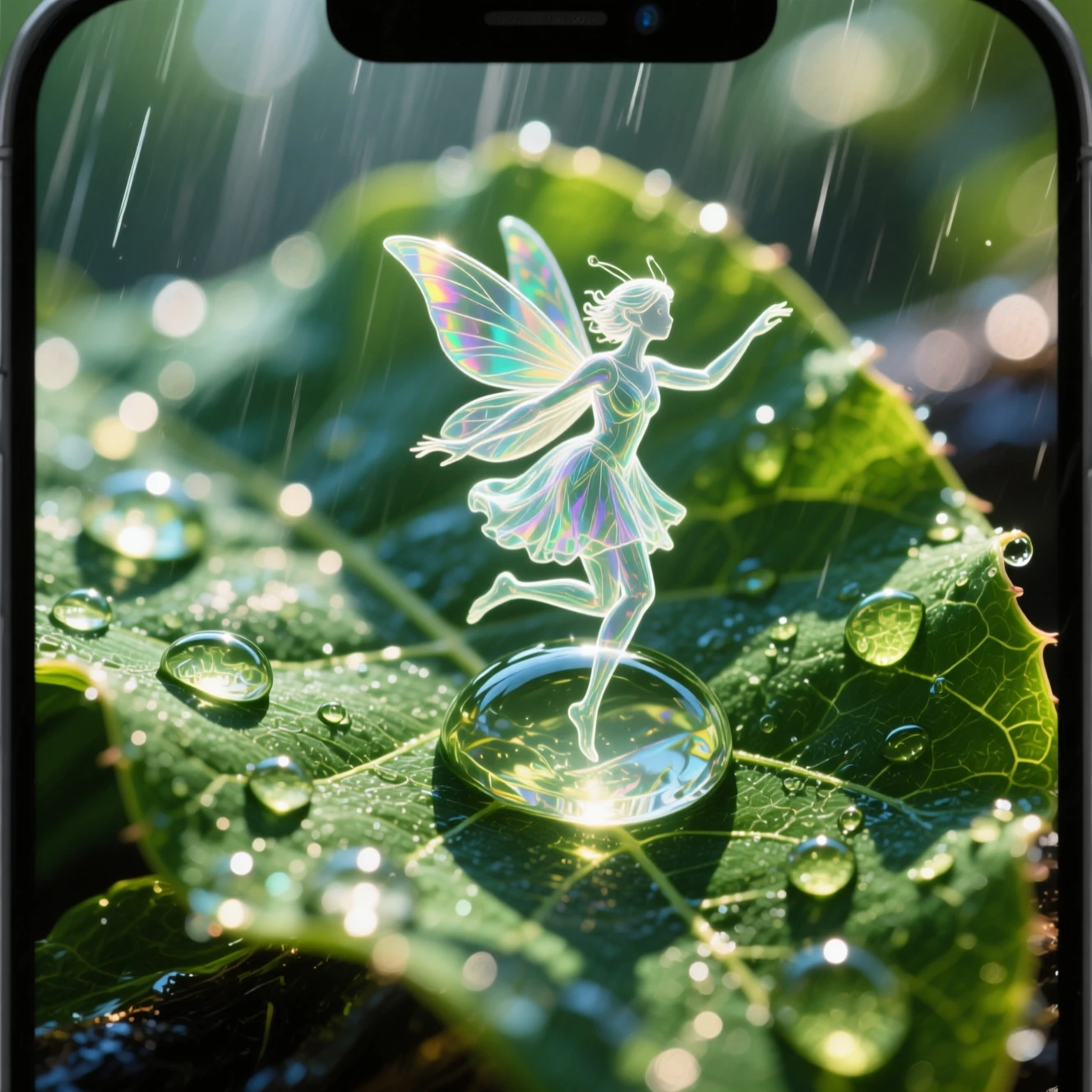 Holographic fairy dancing inside a water drop on leaf