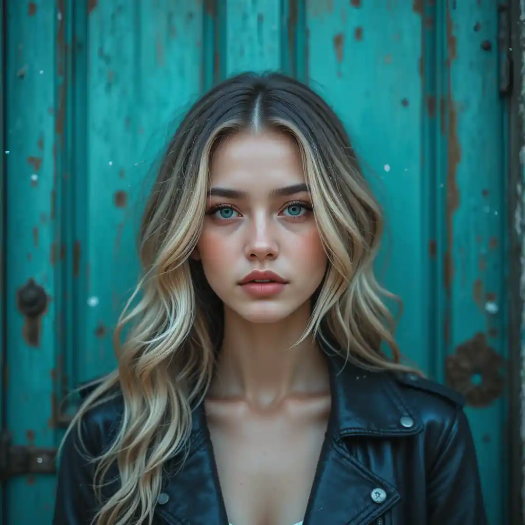 Melancholic young woman portrait before a turquoise door