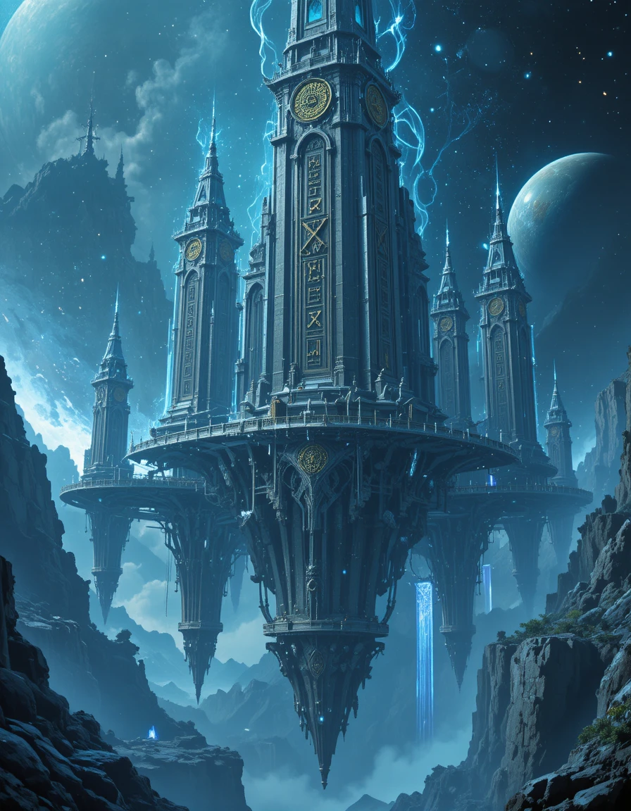 Floating magic academy among planets in deep space
