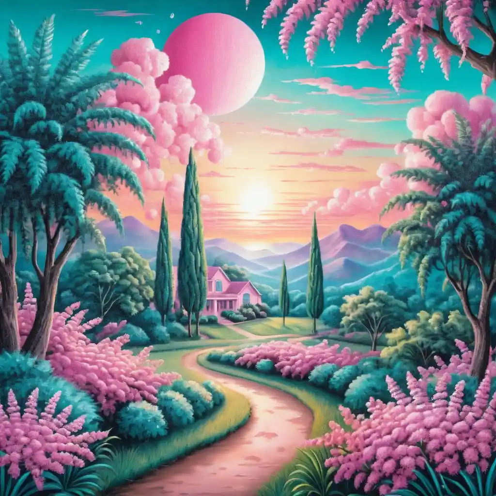 Surreal Sunrise Plantation With Central Pink Mimosa Tree