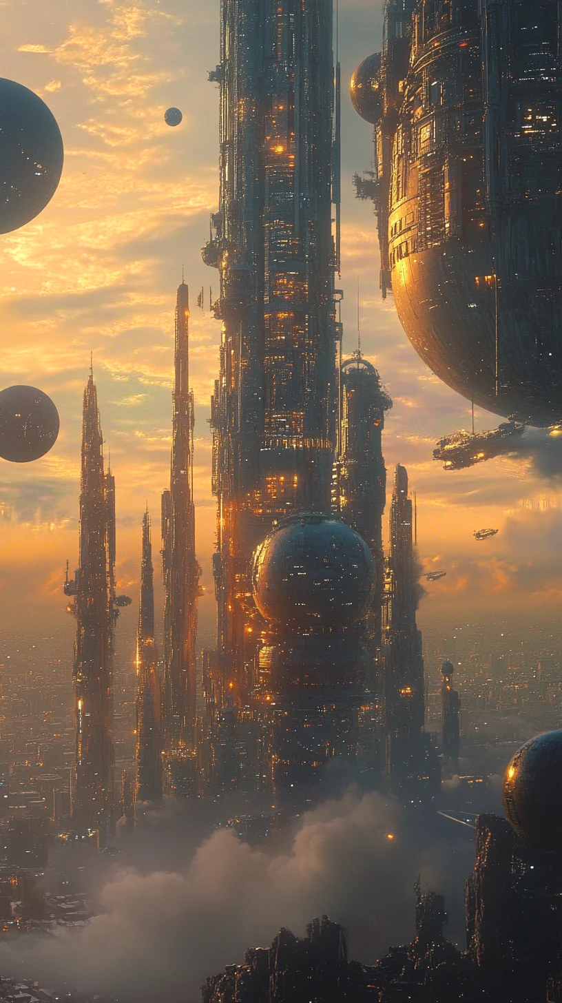 Floating alien megacity of spires in a sunset sky