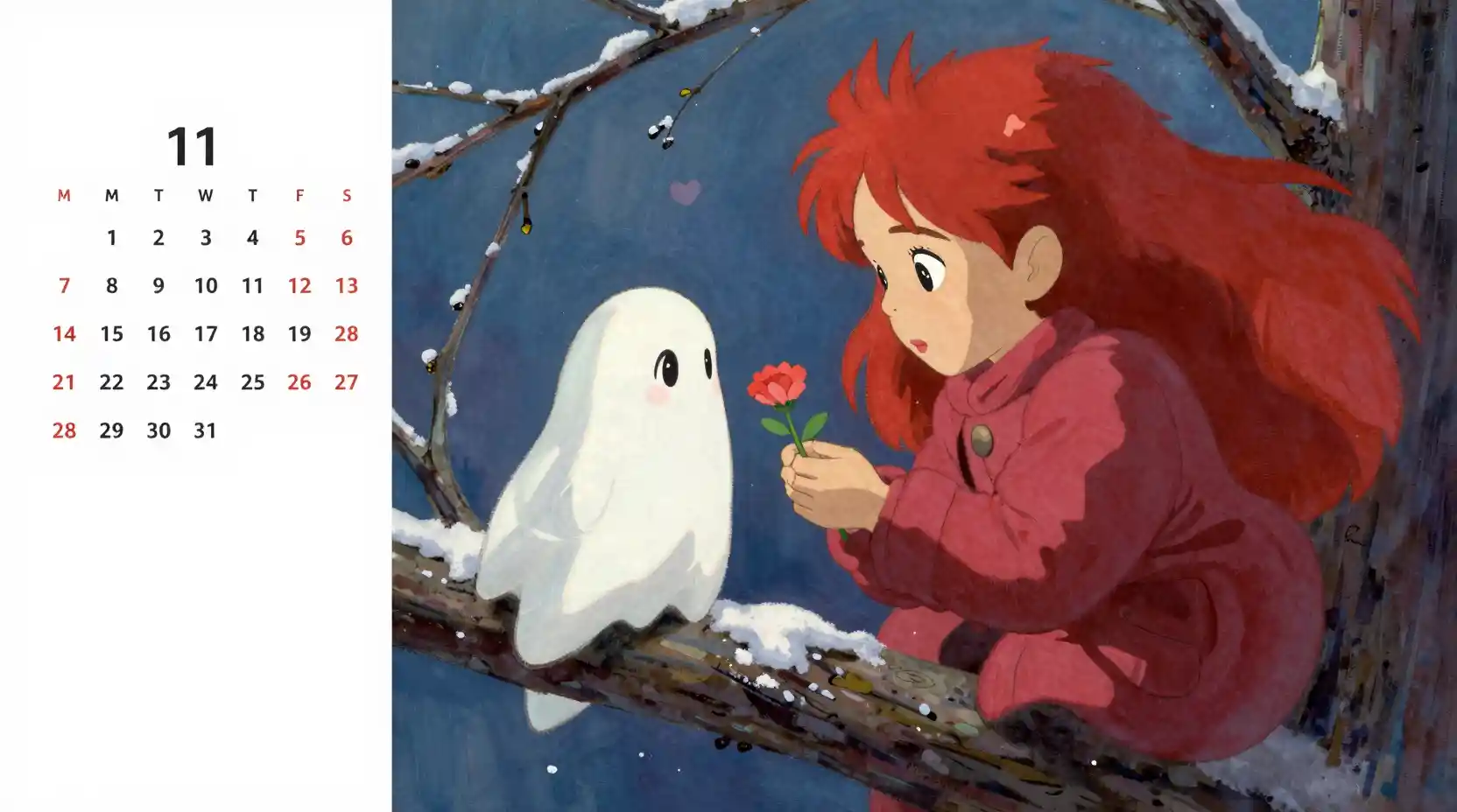 Cute red haired devil offering a flower to shy ghost