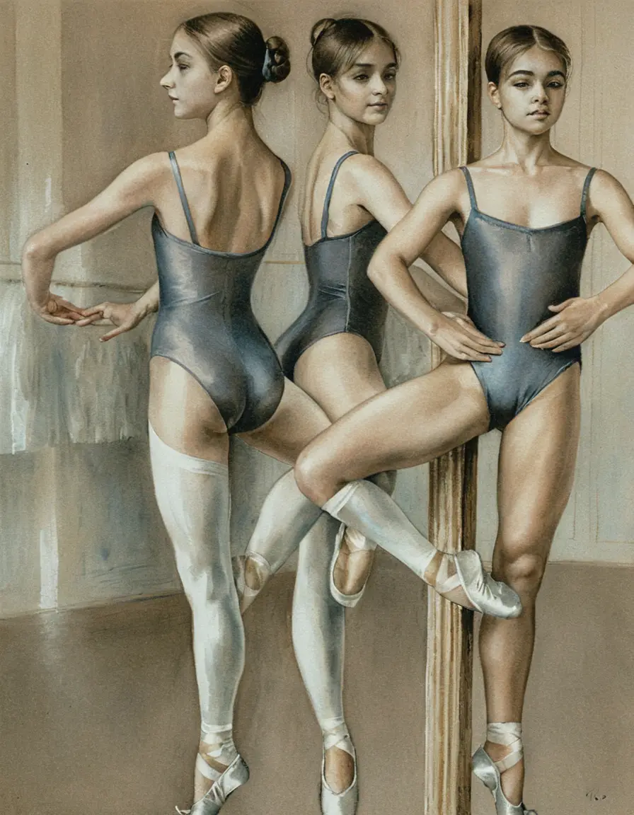 Three young ballerinas at the barre in a quiet studio