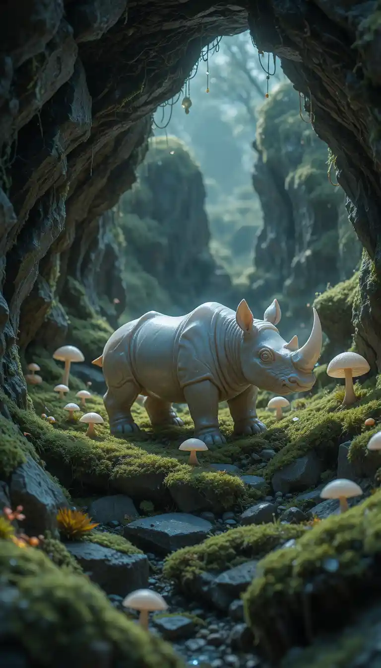 Miniature obsidian rhinoceros in a glowing moss cave