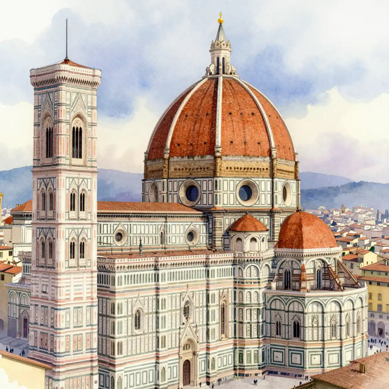Watercolor view of Florence cathedral with towering dome