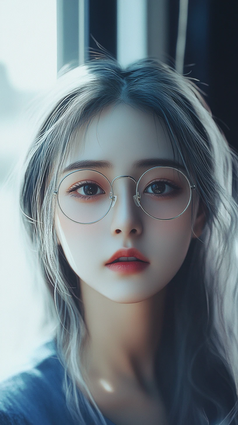 Close up anime girl with white hair and silver glasses
