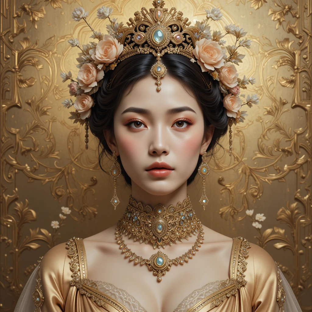 Regal noblewoman portrait with ornate golden floral jewelry