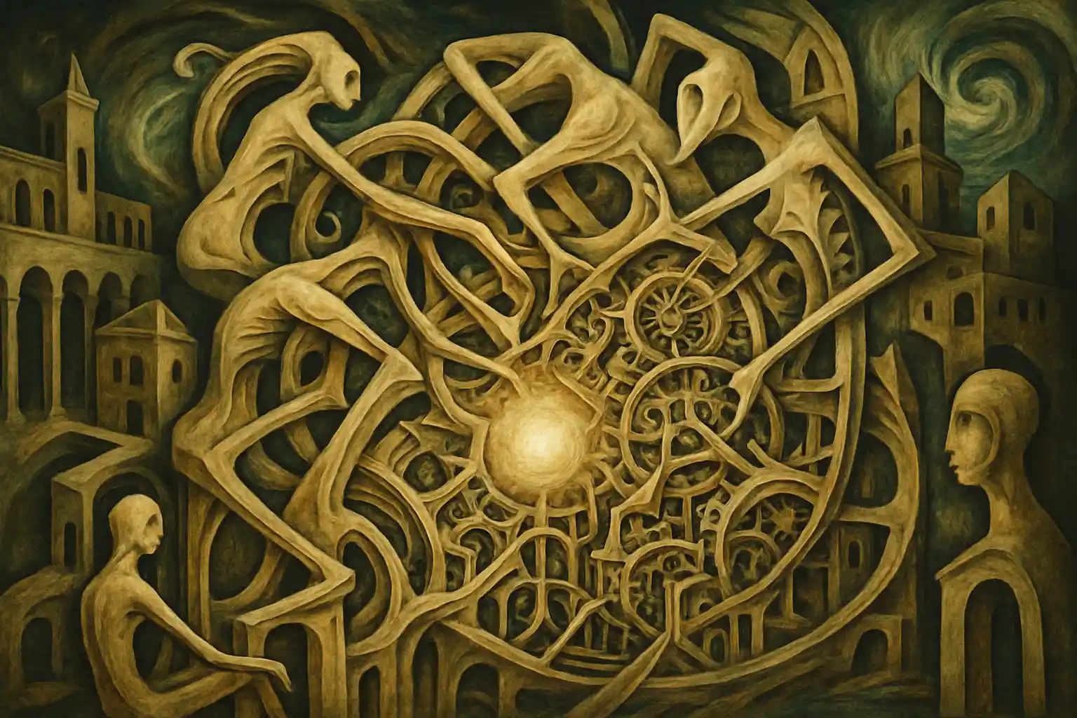 Twisting Humanoid Forms In A Surreal Renaissance Vortex