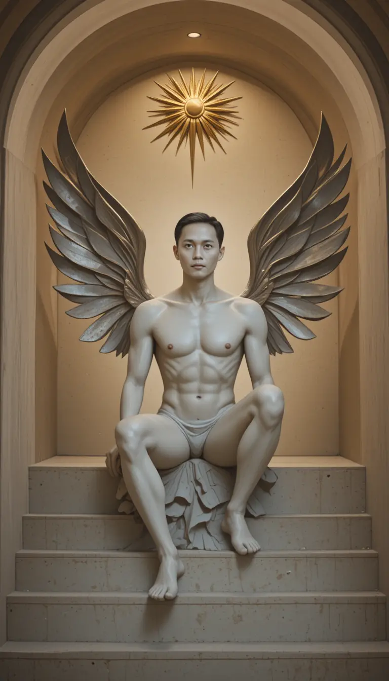 Male figure sculpture on stone staircase with sunburst arch