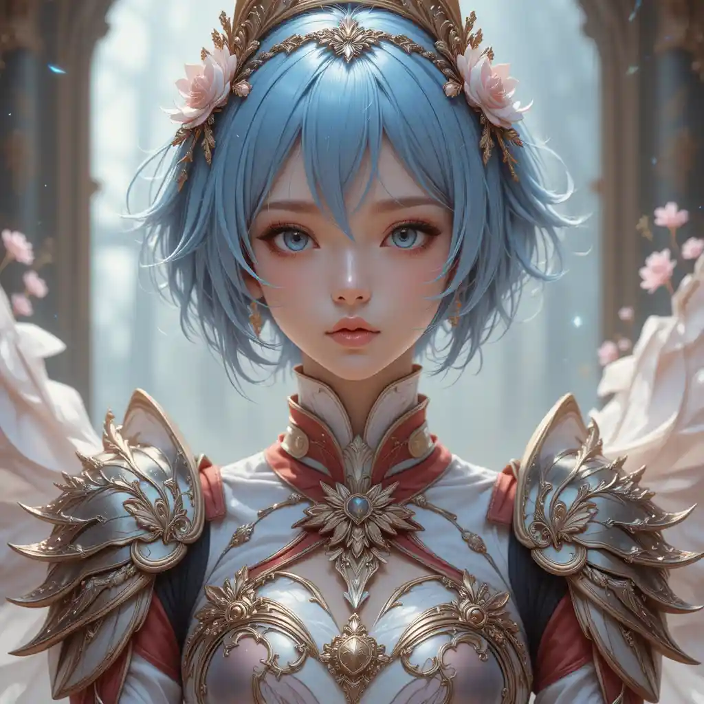 Elegant anime warrior girl in ornate floral armor