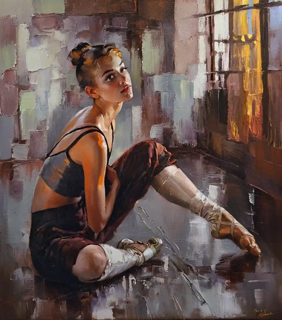 Contemporary impressionist painting of resting ballerina