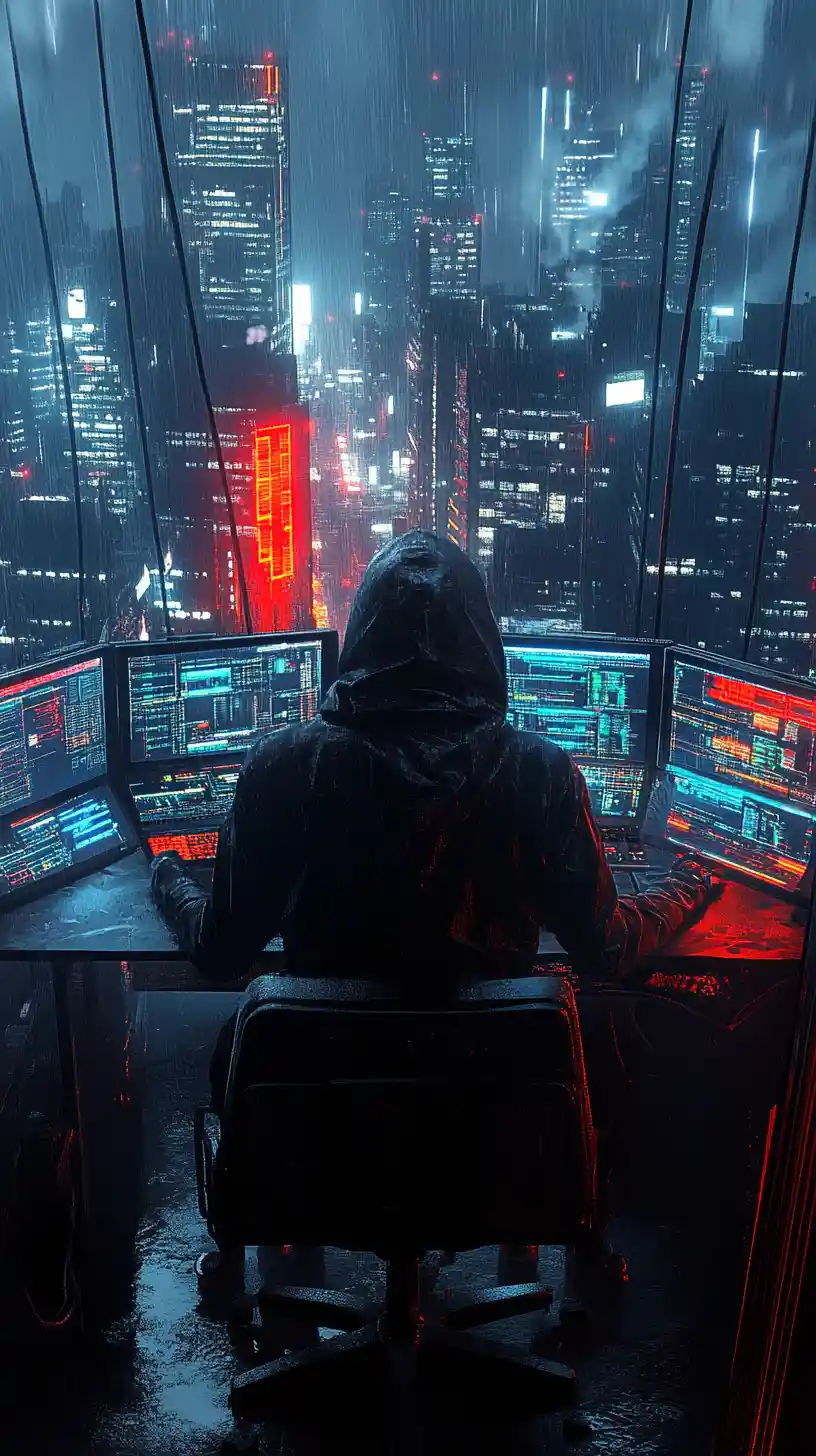 Hacker incappucciato davanti a monitor luminosi in una sala di controllo cyberpunk