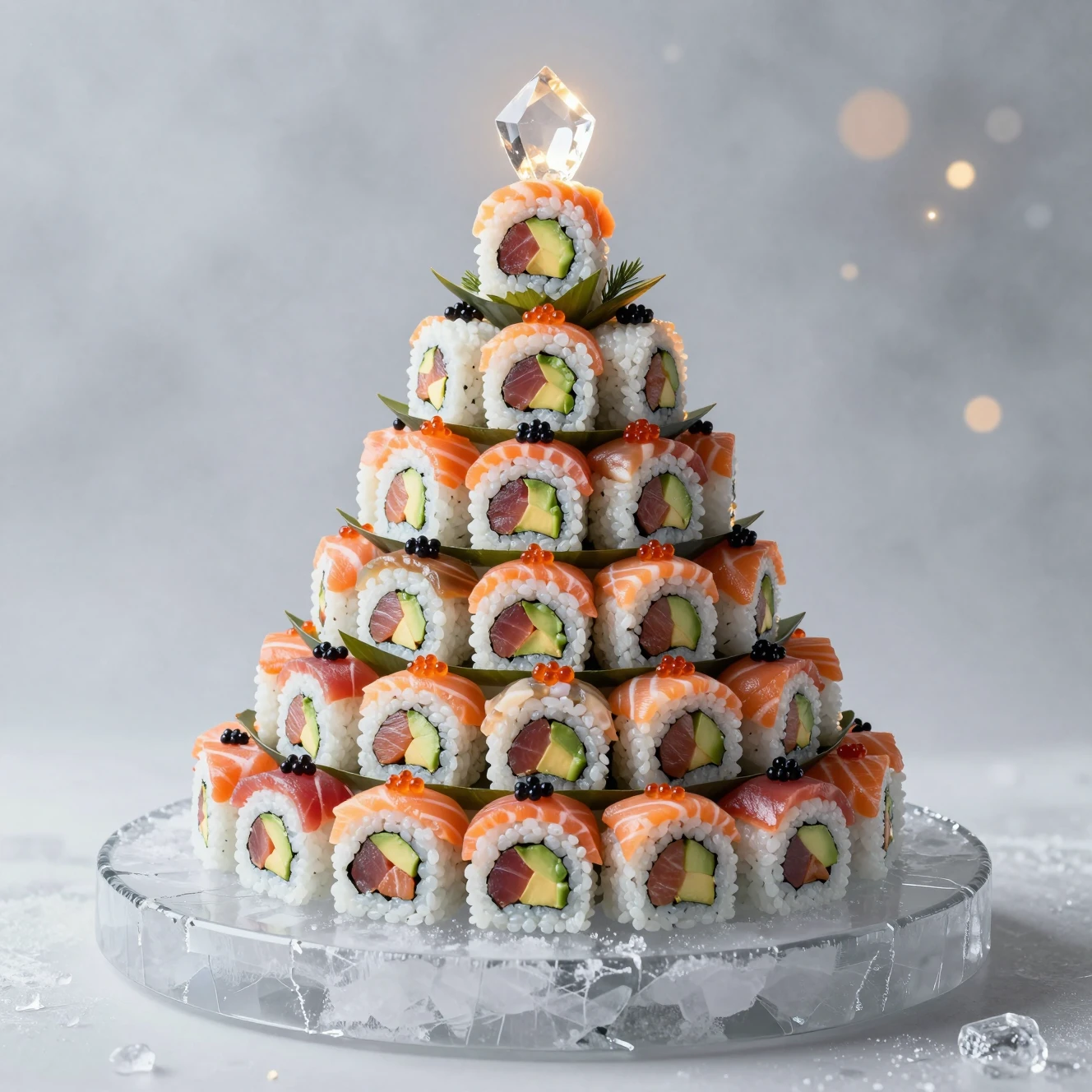 Sushi Christmas tree sculpture on ice in studio light