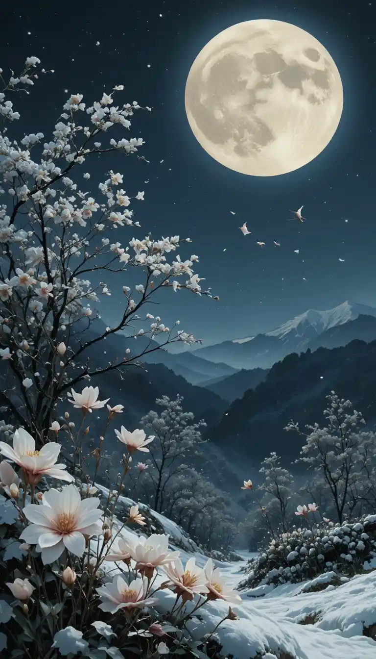 Silenziosi fiori innevati sotto una luminosa luna piena invernale