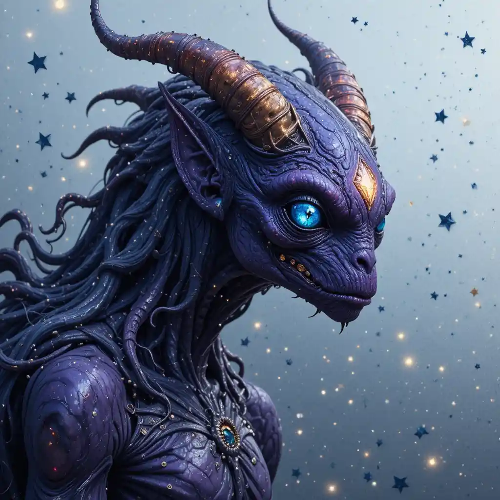 Celestial purple creature with rainbow horns and silver stars