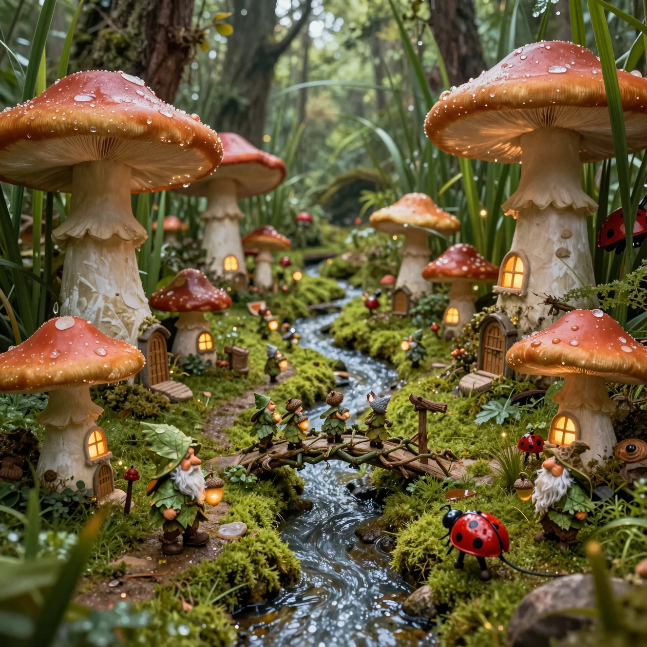 Minúscula vila de gnomos entre cogumelos em um piso de floresta exuberante