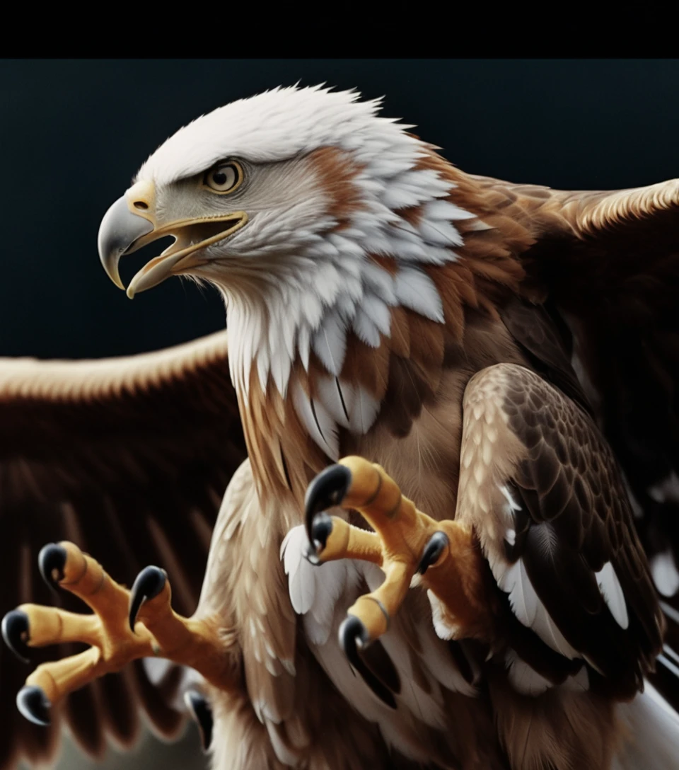 Aquila di mare testabianca in attacco a mezz’aria con le ali completamente spiegate