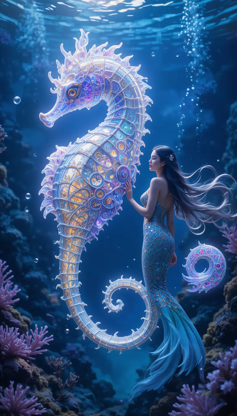 Fantasy seahorse glowing beside mermaid in underwater coral