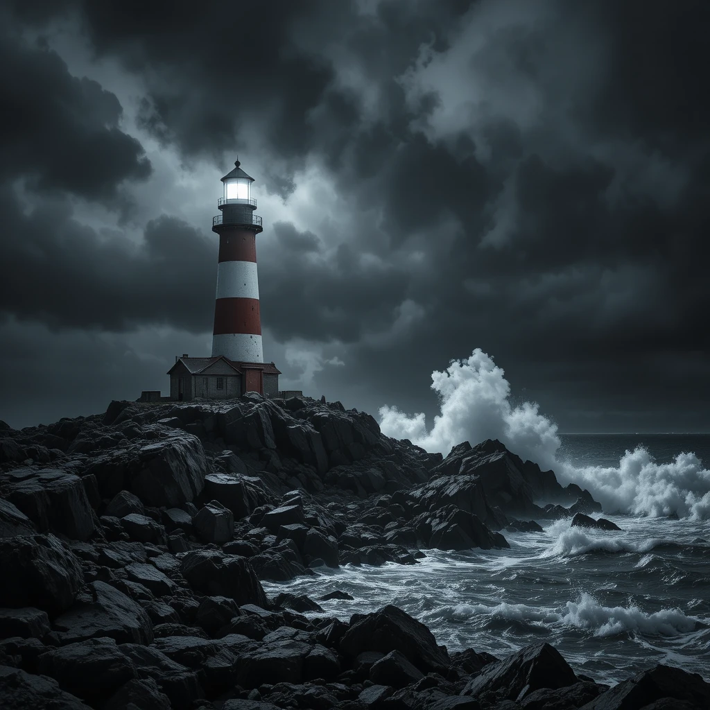 Faro drammatico su costa rocciosa in tempesta di notte