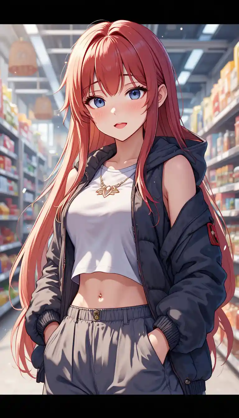 Anime girl in supermarket with casual sporty streetwear