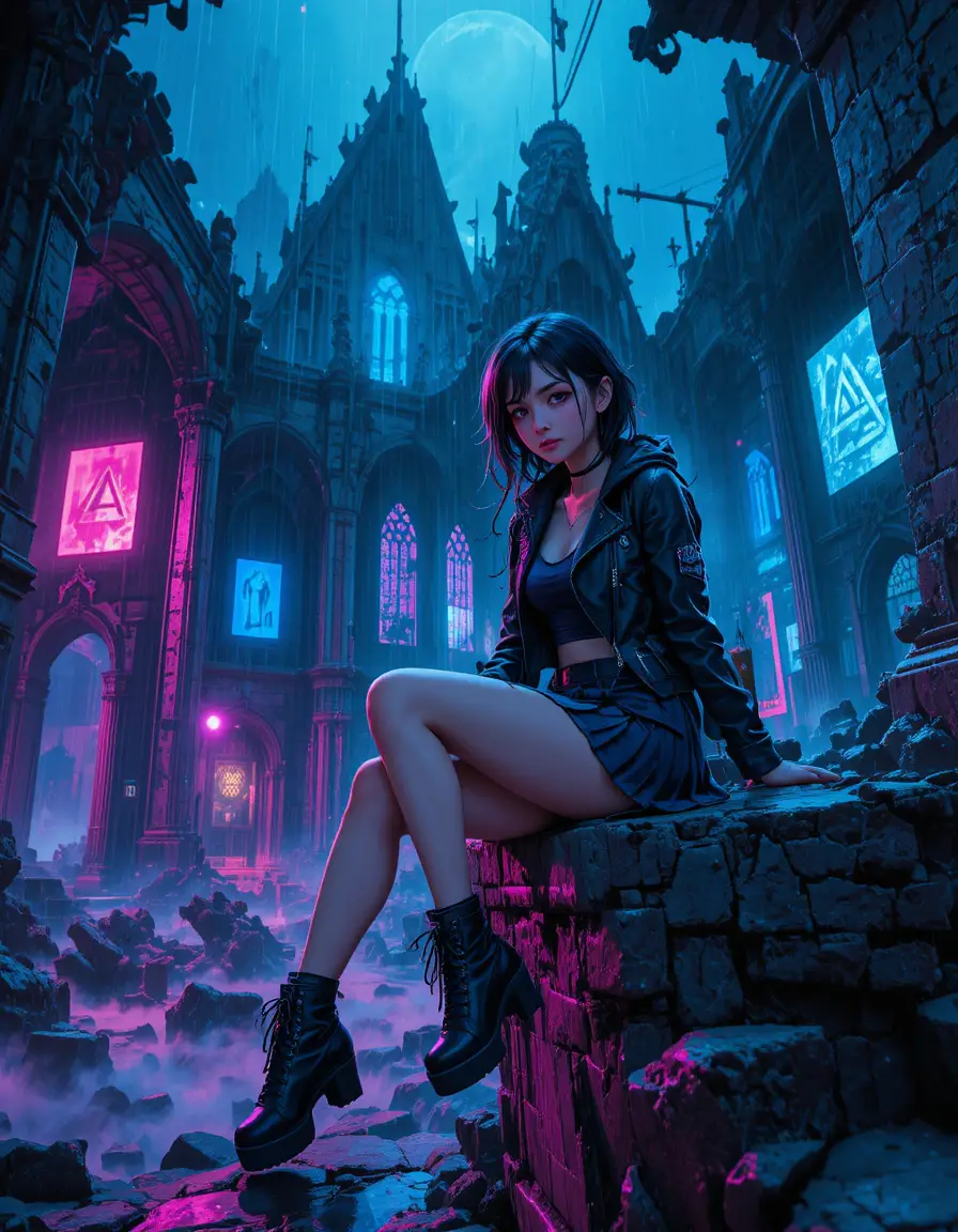 Cyberpunk anime girl in neon ruins on rainy night