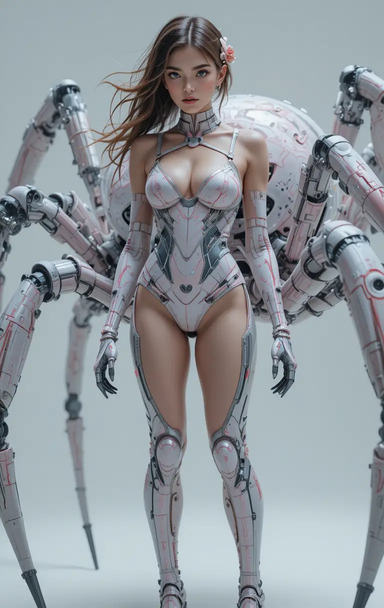 Futuristic tech augmented woman with mechanical spider companion