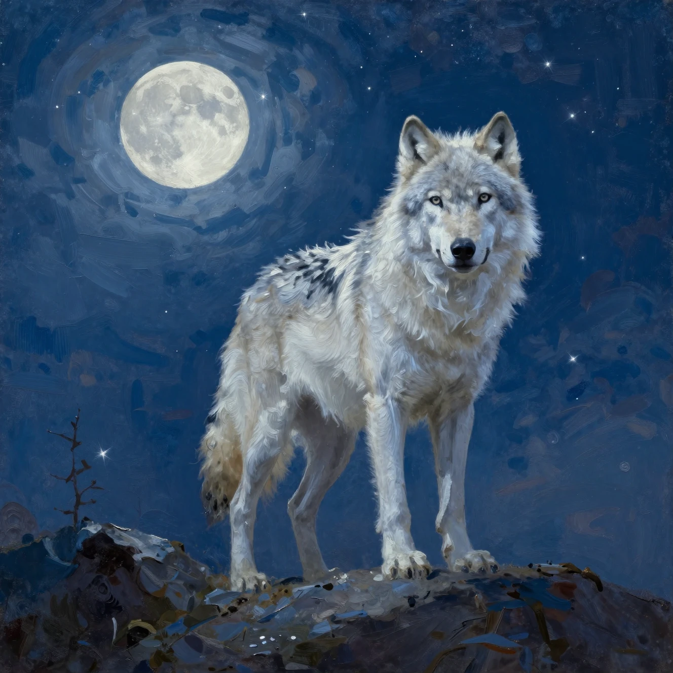 White wolf on moonlit rocks under a starry night sky