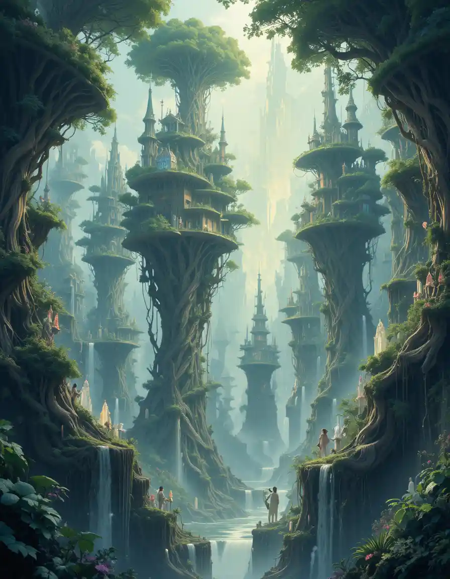 Gigantic Elven City On Floating Roots With Crystal Architecture