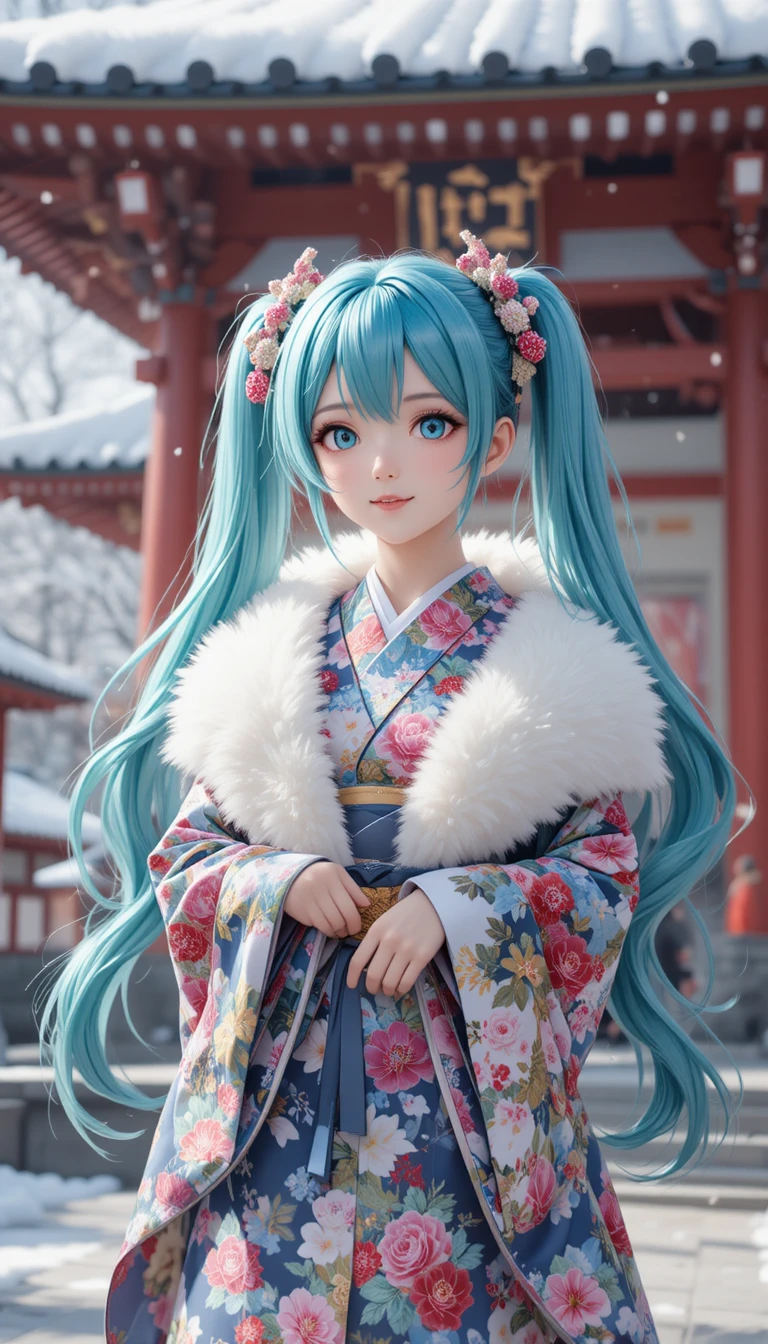 穿花卉和服的動漫女孩在雪中的神社
