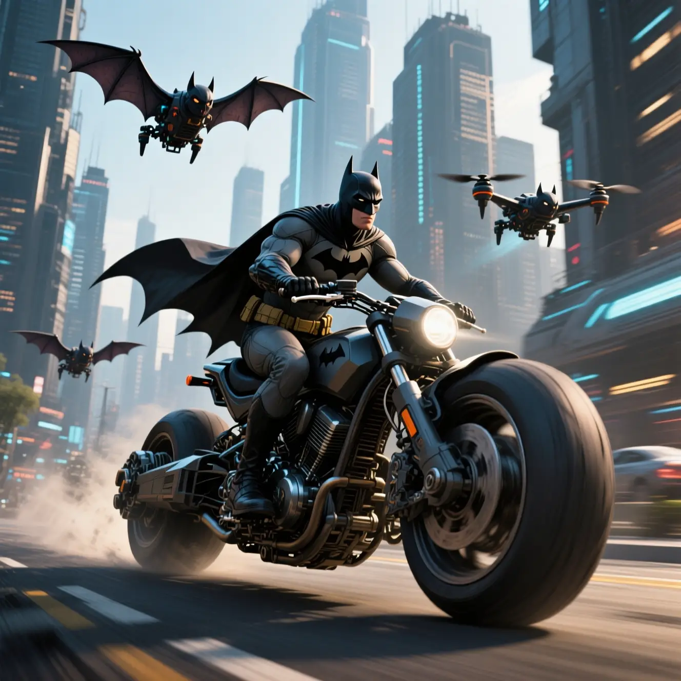 Futuristic Batman Bike Racing Through Neon City Streets