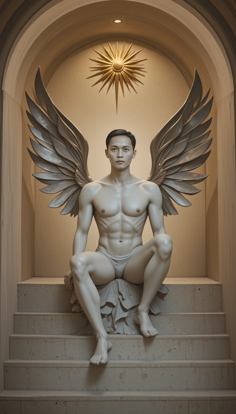 Male figure sculpture on stone staircase with sunburst arch