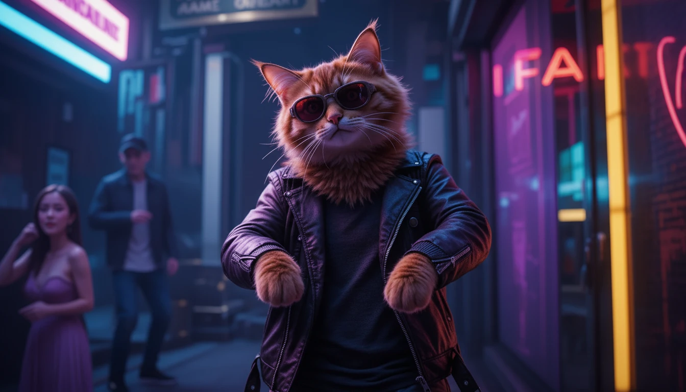 Chat dansant et sûr de lui avec lunettes de soleil, ambiance hip-hop néon